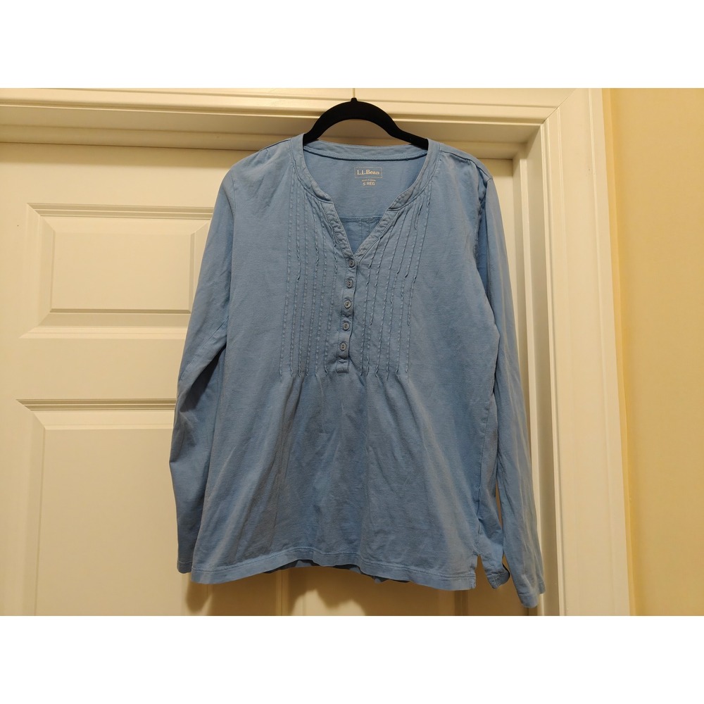LL Bean Womens Pintuck Henley Top Light Blue Cotton Long Sleeve Roll Tab Small